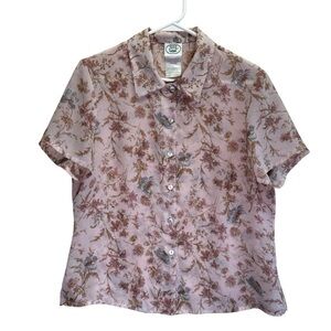 Laura Ashley Floral Pink Short Sleeve Button Down Blouse. Size 10